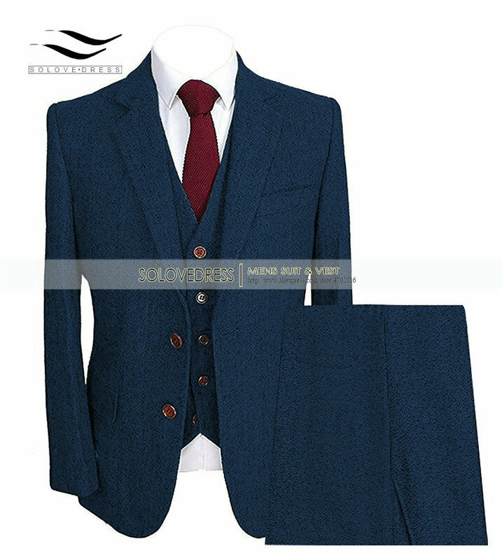 Ternos masculinos de lã com entalhe espesso, blazer formal de lapela estilo slim fit para casamento e noivado, 3 peças