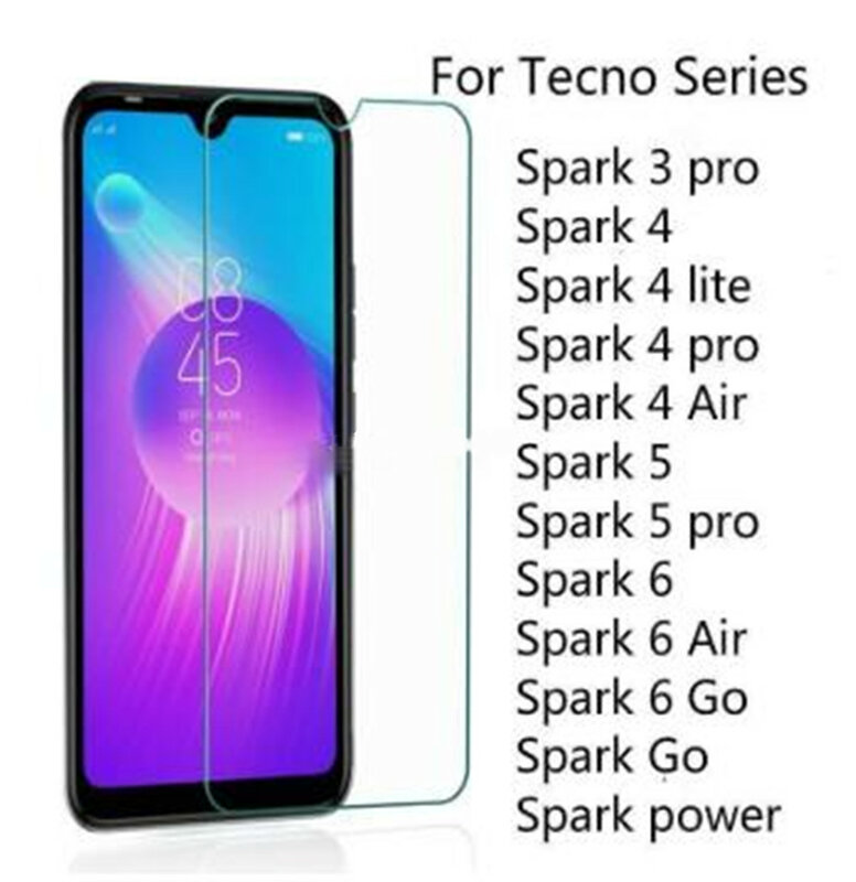 Kaca Tempered untuk Tecno Spark 6 5 4 3 Air Pro 4 Lite Go Power Pelindung Layar Spark 6 Go Kaca Film Pelindung