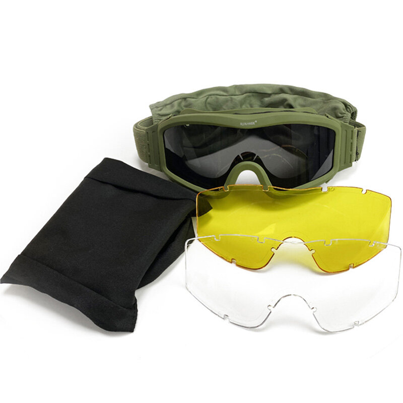 สีดำสีเขียว Tan ยุทธวิธีทหารยิงแว่นตากันแดด3เลนส์ Airsoft Paintball Windproof Wargame Mountaineering แว่นตา
