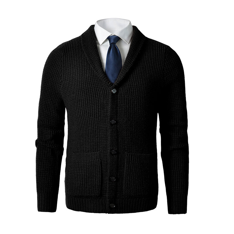 Men's Shawl Collar Cardigan Sweater Slim Fit Cable Knit Button up Merino wool Sweater with Pockets