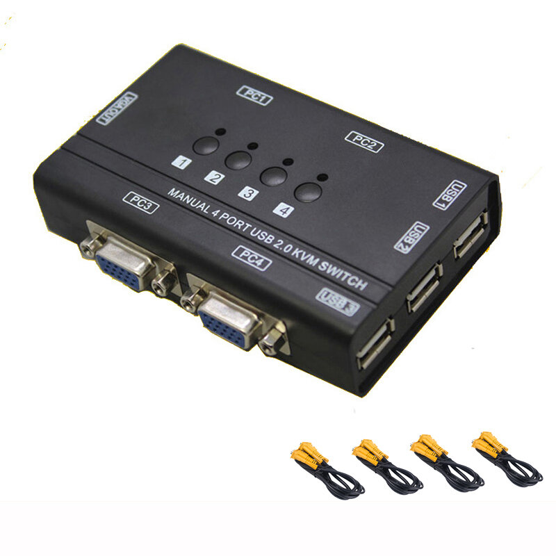 Commande manuelle KVM Switch USB 2.0, 4 Ports, 4 PC hôtes par 1 jeu de souris, clavier USB et moniteur VGA, multi-pc, gérer les câbles d'envoi