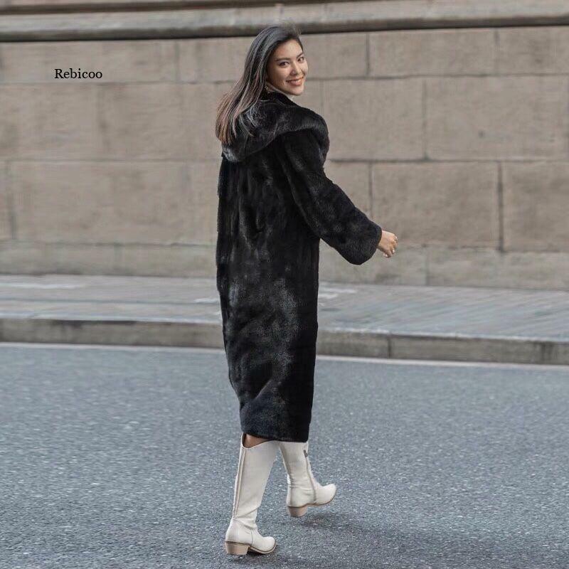Koreaanse Lange Faux Fur Coat Hooded Vrouwen Winter Warm Lange Mouwen Zwarte Vrouwen Faux Nertsen Jas Uitloper Mode