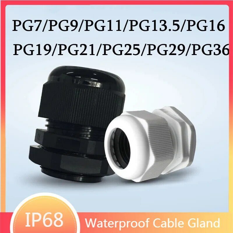 Cable de entrada impermeable IP68 PG7 para 3-6,5mm PG11 PG25 pg36pgblanco, Conector de plástico de nailon negro, 1/5/10 Uds.