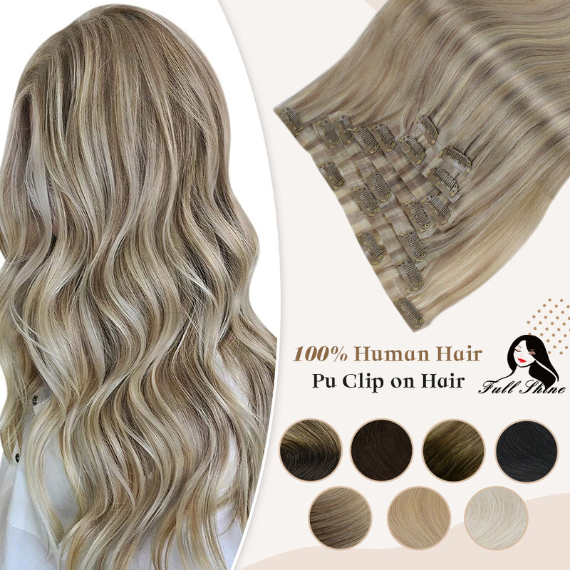 Full Shine PU Clip Hair Extensions Remy Human Hair 100g Seamless Invisible Clip In Extensions Human Hair Balayage Color Blonde