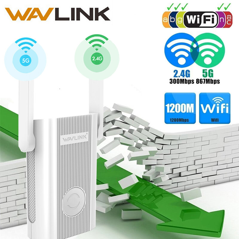 Amplificador de WiFi sem fio Wavlink, reforço de sinal de faixa dupla 2,4G + 5Ghz, extensor e repetidor 1200Mbps