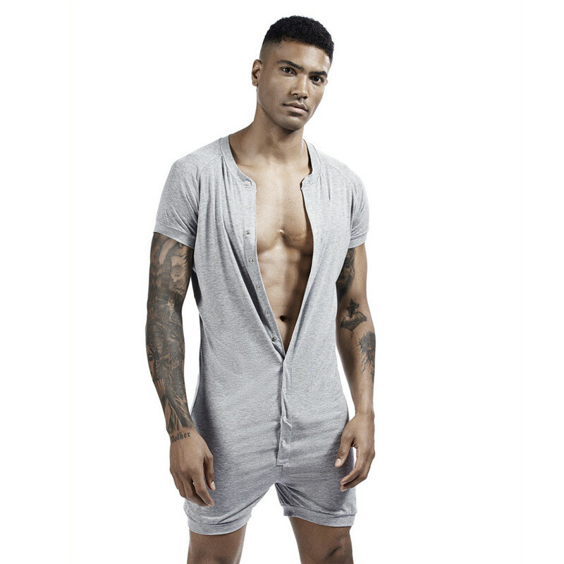 Men's Siamese Pajamas Onesies Home Clothes Super-elastic Comfortable Snap Button Jumpsuit Men Sleepwear Solid Color T-Shirts