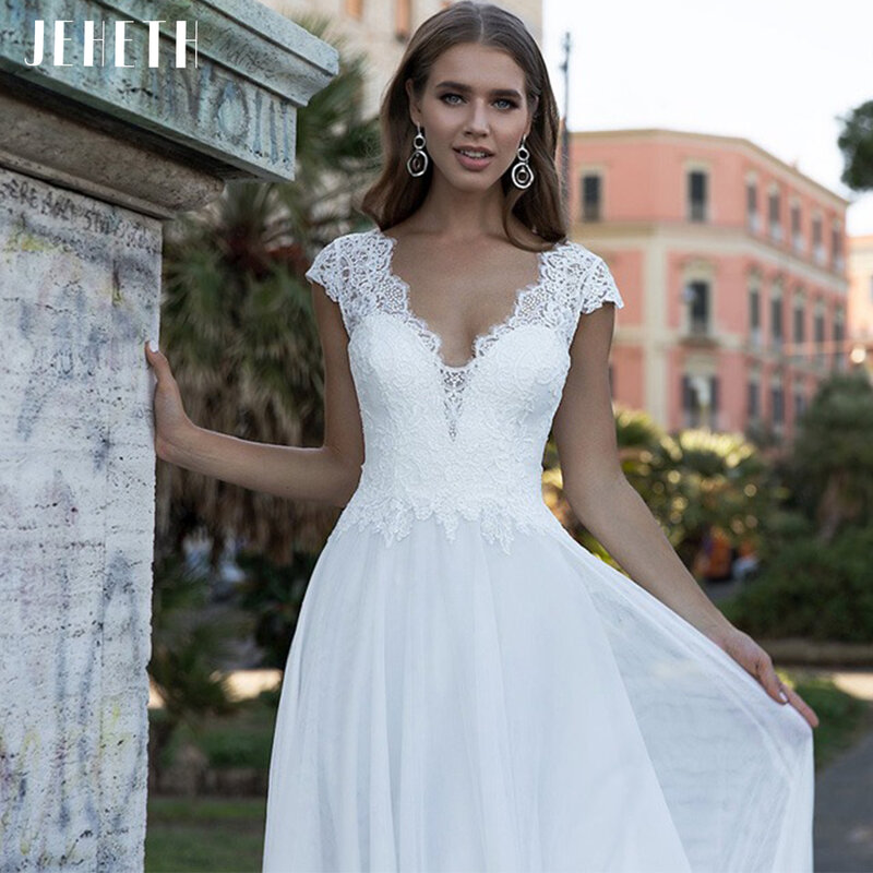 JEHETH Simple Cap Sleeve V-Neck Tulle Bohemian Wedding Dress for Women 2022 A Line Boho Bridal Gowns Plus Size vestido de novia