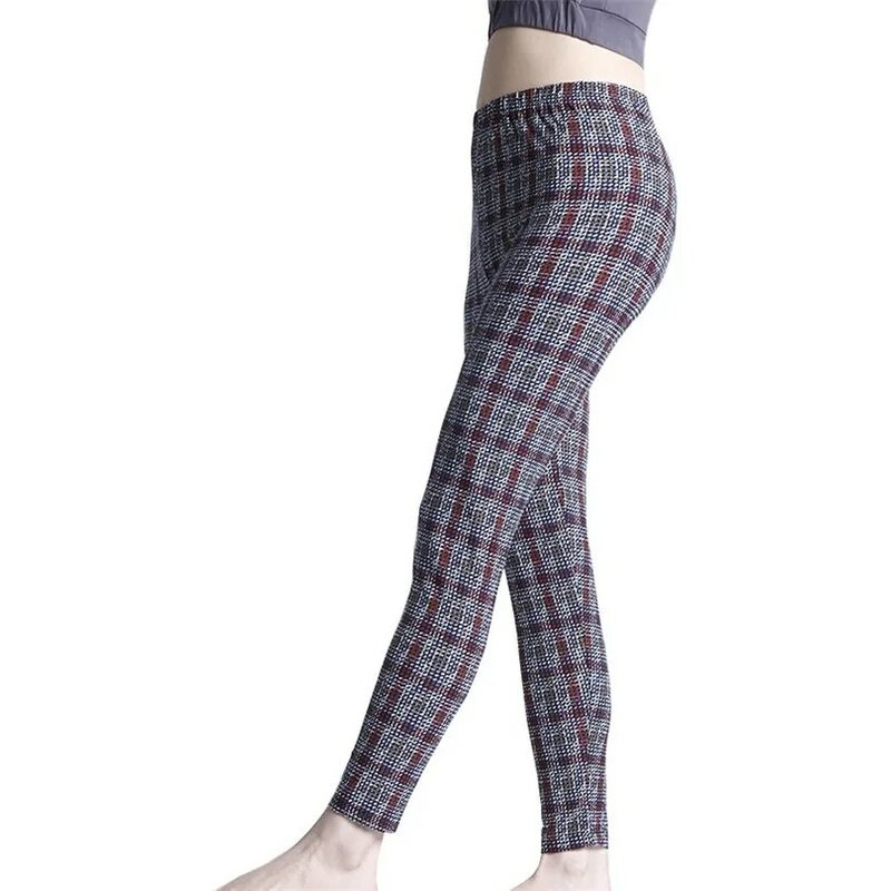 LJCUIYAO Women Leggings Grid Print Exercise Fitness Elasticity Plaid Push Up Female Trousers Ankle Length Polyester Gym Pants