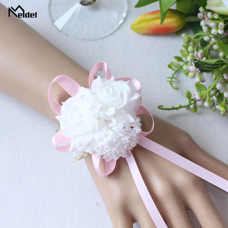 Meldel-pulsera de ramillete de muñeca para mujer, brazalete de flores para novia y Dama de honor, flores artificiales, planificador de boda