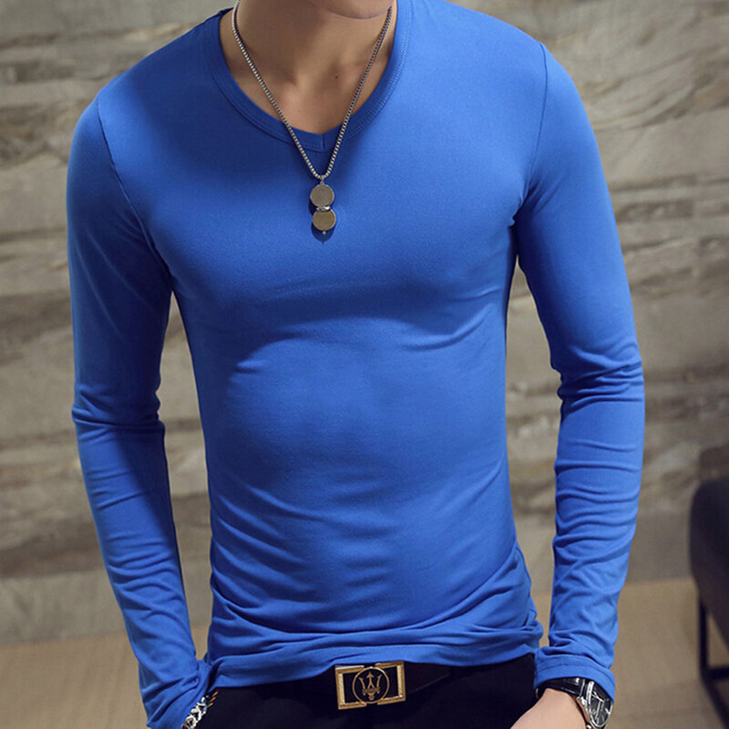 남성용 탄성 티셔츠, 라운드넥 긴팔, 라이크라 및 코튼 티셔츠, 남성용 의류, 2020