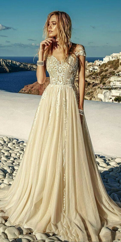 2023 lekkie suknie ślubne w kolorze szampańskim letnie Boho na plażę, szyfonowa linia aplikacje koronkowe długie suknie ślubne szata De Mariee na zamówienie