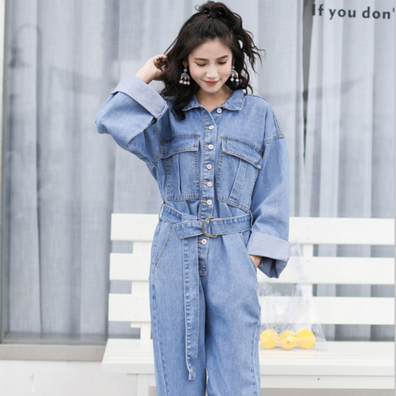 2019 Autumn Spring Long Sleeve Denim Jumpsuit Women Casual Ankle-Length Pants With Belt Jeans Overalls Fashion Ladies Rompers