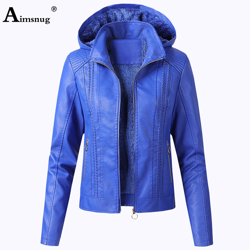Kobiety Faux kurtki ze sztucznej skóry 2021 jesienno-zimowa kurtka z kapturem kieszenie płaszcz z suwakiem Slim kurtka motocyklowa niebieskie bluzy Plus aksamit