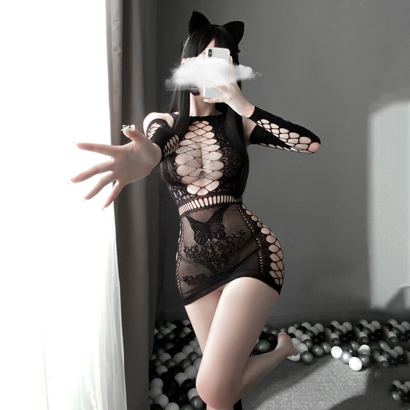 Fantasia de meia-calça para cosplay de gato, lingerie sexy de kawaii, tiara com rabo peludo, preto e branco, conjunto de temperatura quente, roupa para mulheres