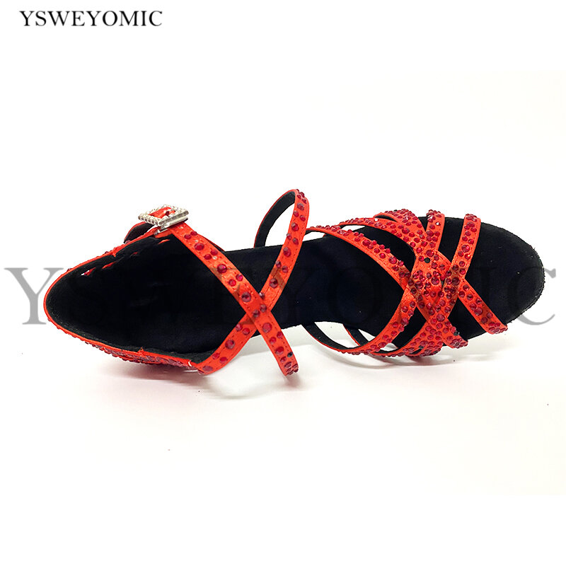 เต้นรำรองเท้ารองเท้าส้นสูง10Cm ที่กำหนดเองสีแดงสีฟ้าซาตินสีเขียวคริสตัลผู้หญิง Latin Salsa รองเท้าในร่มจัดส่งฟรี