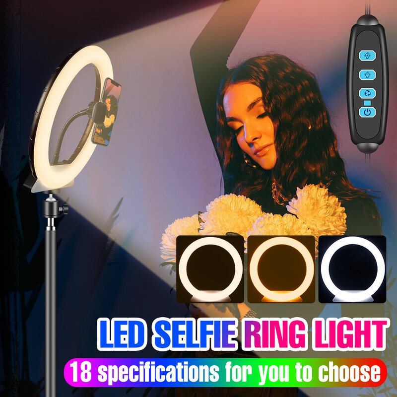 Anillo de luz LED para selfi, iluminación de fotografía circular con trípode, soporte para transmisión de vídeo en vivo, 5V, USB