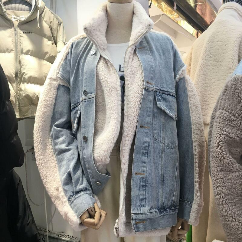 Новая джинсовая куртка из овечьей шерсти европейские товары плюс бархатная утолщенная теплая джинсовая куртка для женщин