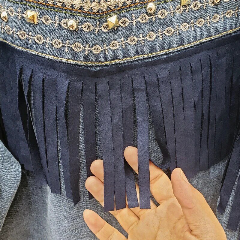 Giacca di jeans ricamo floreale coreano frangia in pelle scamosciata sciolto Chaquetas Mujer cappotto manica lunga capispalla donna Veste Femme