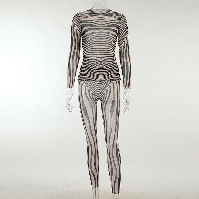 Conjunto de 2 piezas de malla a rayas para mujer, traje de camiseta y pantalones largos transparentes, chándal Sexy, Otoño, 2023