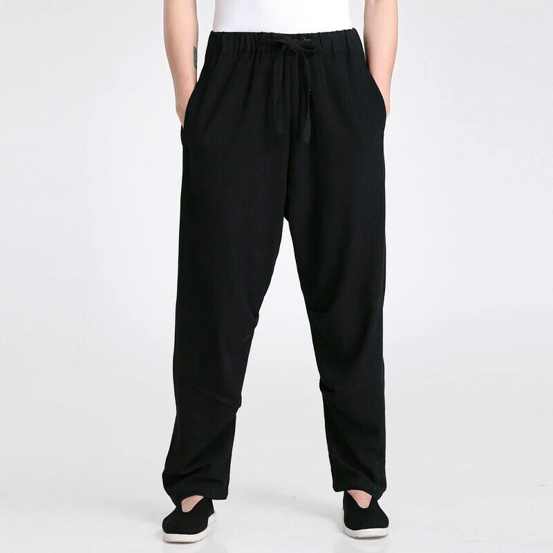 สีดำกางเกงหลวมผู้ชายจีนKung Fuกางเกงผ้าฝ้ายลินินกลางเอวHaremกางเกงหลวมๆคุณภาพสูงHOTขาย
