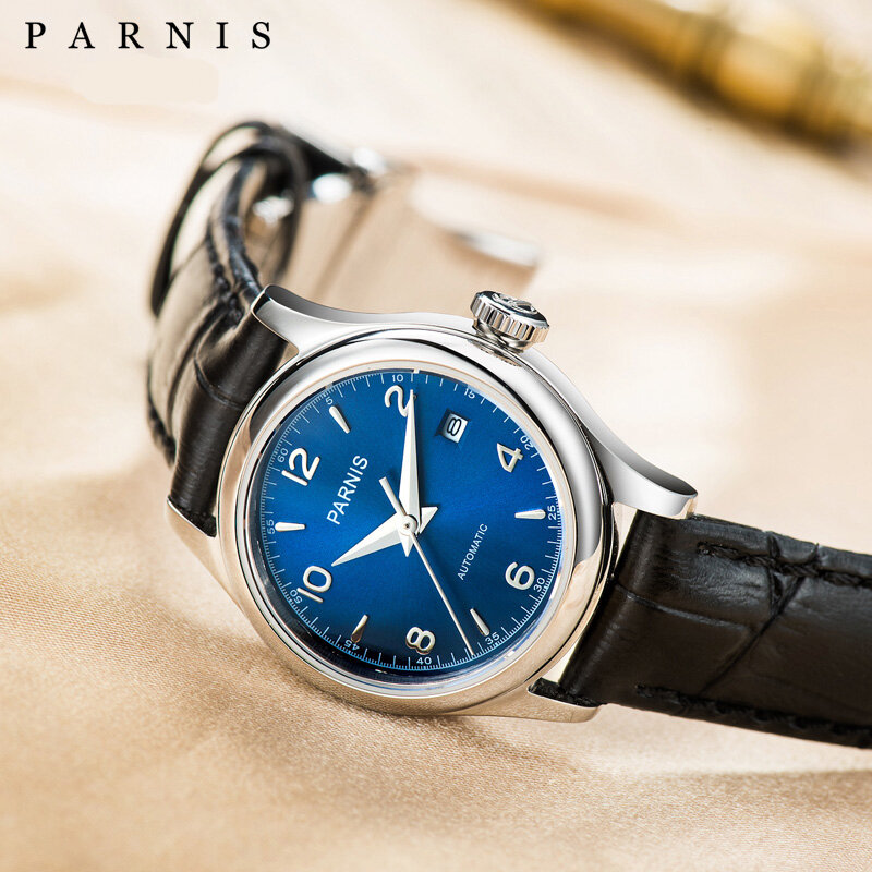Moda mecânica relógios femininos 26mm parnis casual senhoras relógio automático safira cristal pulseira de couro calendário relógio de pulso