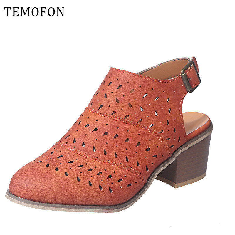 Temofon sandálias femininas de salto alto, calçados de verão tamanho grande 2020, robusto, sandálias para mulheres, hvt807