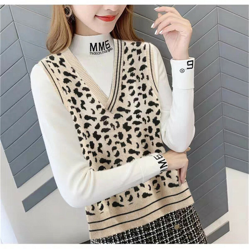 New Spring Autumn Fashion V Neck Knitted Leopard Vest  Korean Cashmere Vest  Plus Size Women Sweater Waistcoat Black Beige Kahki