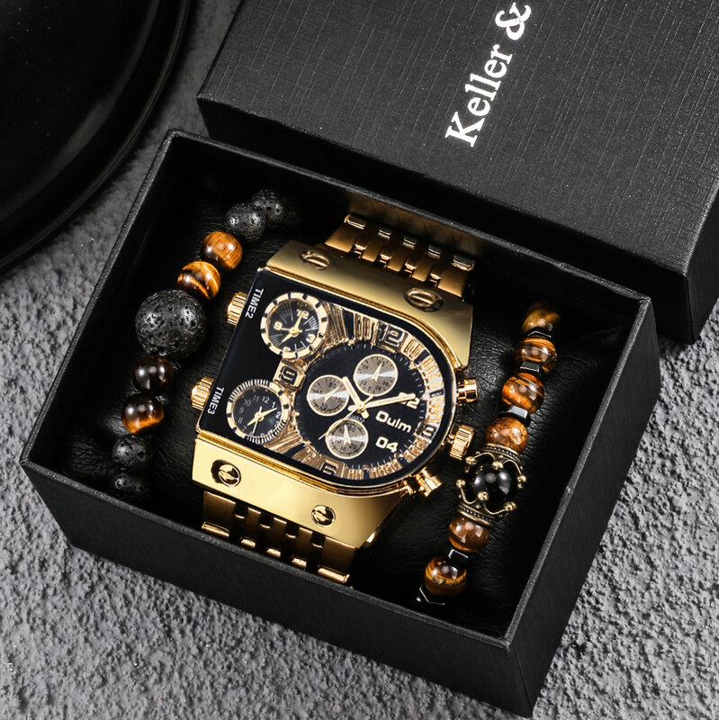 Reloj de pulsera de acero inoxidable para Hombre, cronógrafo de cuarzo con esfera grande Digital, cuadrado, deportivo, dorado, a la moda, marca superior de lujo, conjunto de regalo