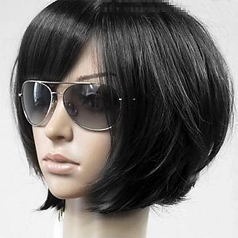 HAIRJOY-شعر مستعار اصطناعي قصير مستقيم للنساء ، بانج جانبي ، شعر بني رائج