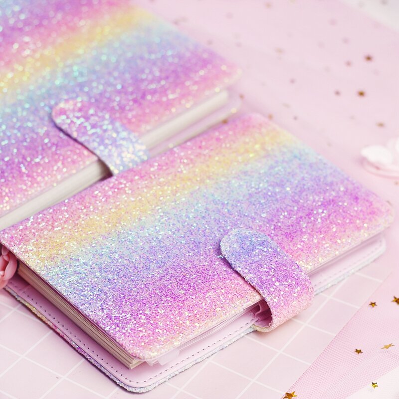 Pink Rainbow Sequin Loose Leaf Journal Notebook Cute Agenda Planner Personal Organizer Schedule Note Dairy Girl Gifts Stationery
