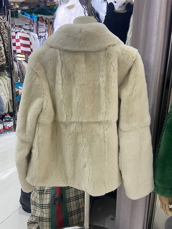 Mantel Jaket Kelinci Rex Alami Nyata Abu-abu Putih Kualitas Tinggi Super Lembut Hangat Musim Dingin Wanita Keluaran Baru Kerah Bulu Kelinci