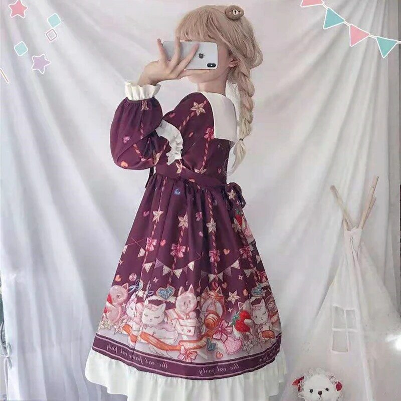 Lolita sukienka słodka śliczna Kawaii dziewczyny księżniczka pokojówka w stylu Vintage Ruffles śliczne kot z długim rękawem wino czerwony fioletowy kobiety spódnica okrągły colla