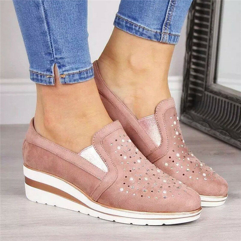 Cow Suede wedges shoes for women 2019 Spring Autumn shoes woman Fashion Slip-On Round Toe casual flat shoes comfortable flats