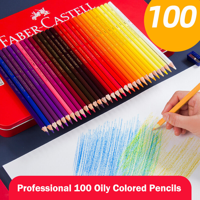 Juego de lápices de colores oleosos para dibujar, caja de lata para artistas, escuela, bocetos, regalo para niños, suministros de arte, 100 colores, FABER-CASTELL
