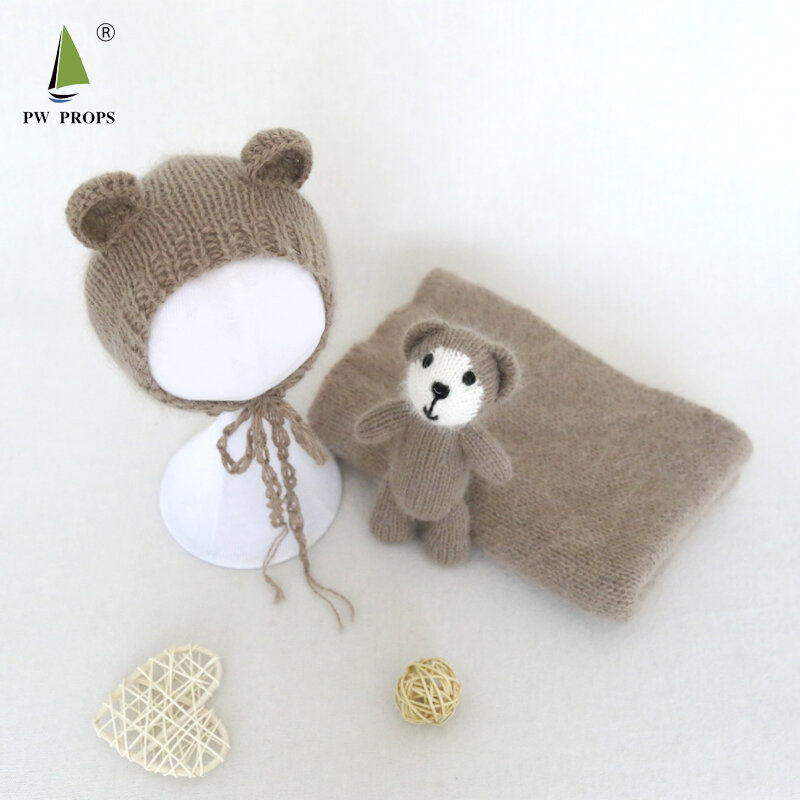 ใหม่ตุ๊กตาหมีของเล่นและ Bonnet แองโกลาเด็กแรกเกิดการถ่ายภาพ Props เด็กหมวก Handmade ของเล่นและ Soft Photo Shoot
