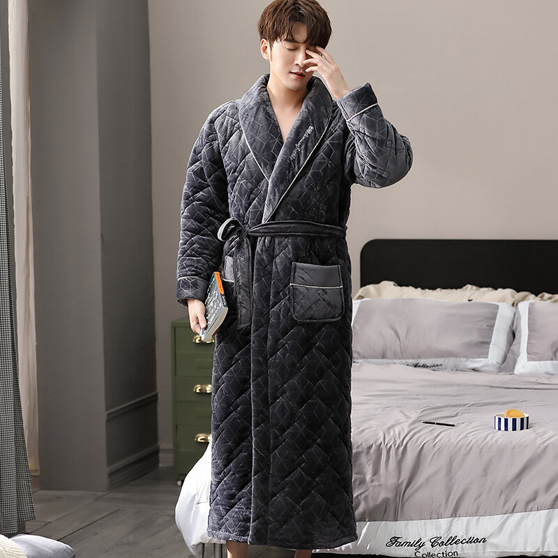 Albornoz tipo Kimono geométrico para hombre, larga bata acolchada de franela, ropa de dormir gruesa y cálida, ropa informal para el hogar, tallas grandes hasta 3xl