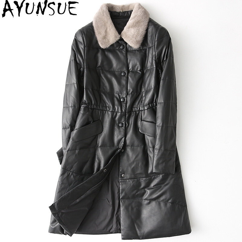 AYUNSUE 100% пальто из овчины, Женская куртка из натуральной кожи, пальто с подкладкой из меха норки, женские длинные пуховики, женская кожаная куртка 1221