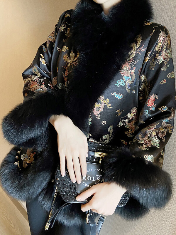 2021 moda novo estilo chinês cape court celebridade cetim meados de comprimento alta imitação de pele de raposa peludo roupas femininas
