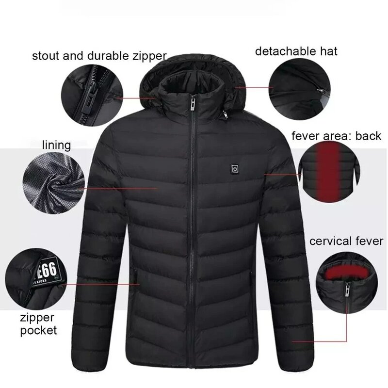 NWE męskie zimowe ciepłe kurtki grzewcze USB inteligentny termostat kaptur o czystym kolorze podgrzewana odzież wodoodporna ciepła kurtka turystyczna