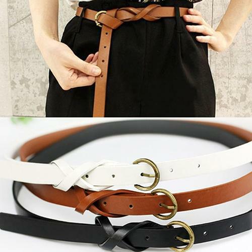 Women's Vintage Casual Simple Thin Waist Belt Faux Leather Metal Buckle Skinny Belt