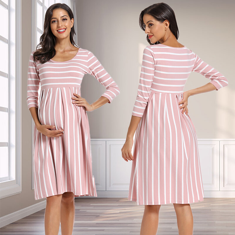 Robe de grossesse plissée à rayures pour femmes, vêtements d'été décontractés, manches courtes, longueur aux genoux, tenue de fête préChristophe, rose