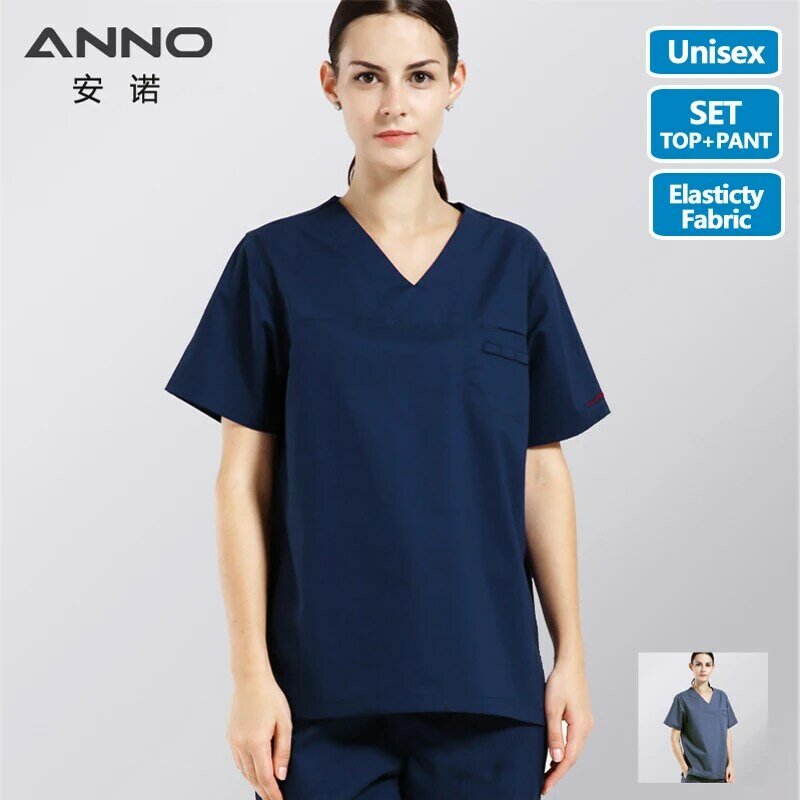 ANNO Cotton Scrubs Set mundury pielęgniarskie dla Unisex elastyczna odzież wysokość jakość strój pielęgniarki personel szpitala garnitur