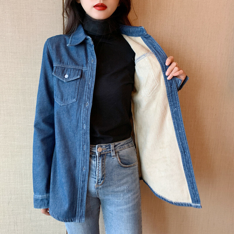 Camisa jeans feminina manga comprida, camisa grossa aveludada de inverno plus size