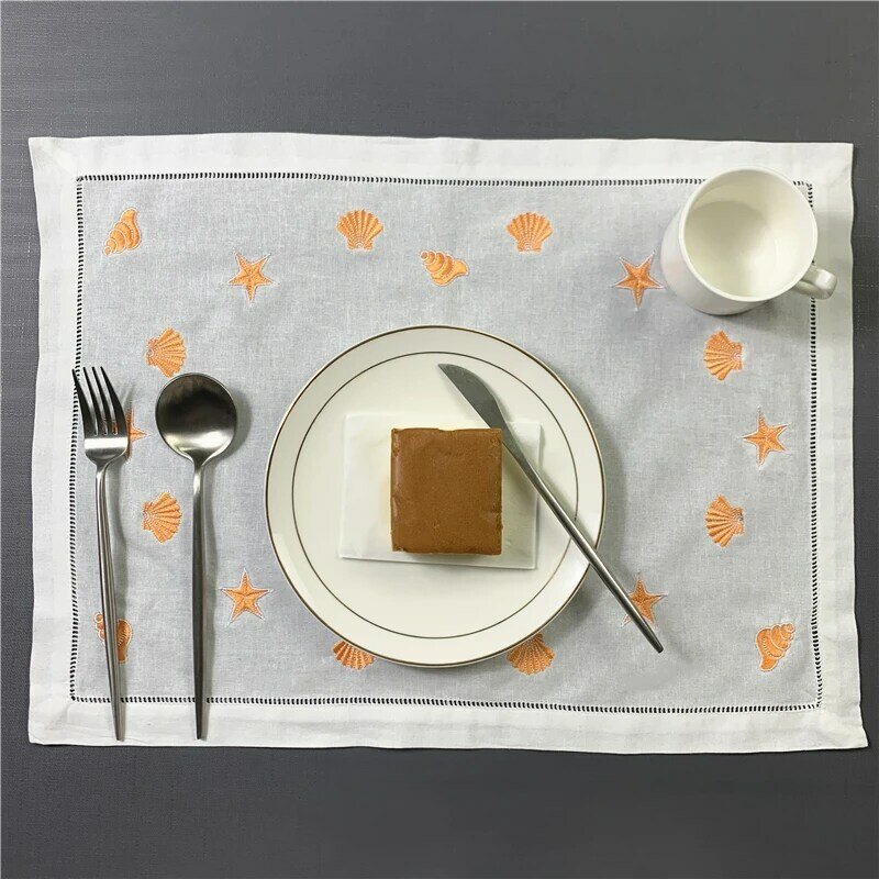 헴스티치 린넨 테이블 냅킨, 플레이스매트, 수건, 자수 넵튠 소라 쉘, 3 가지 사양, 흰색 손수건 12 개 세트