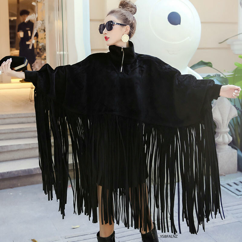 2022 nova primavera outono preto jaqueta feminina solto borlas gola alta manga longa casaco de capa feminina moda ponchos grandes dimensões