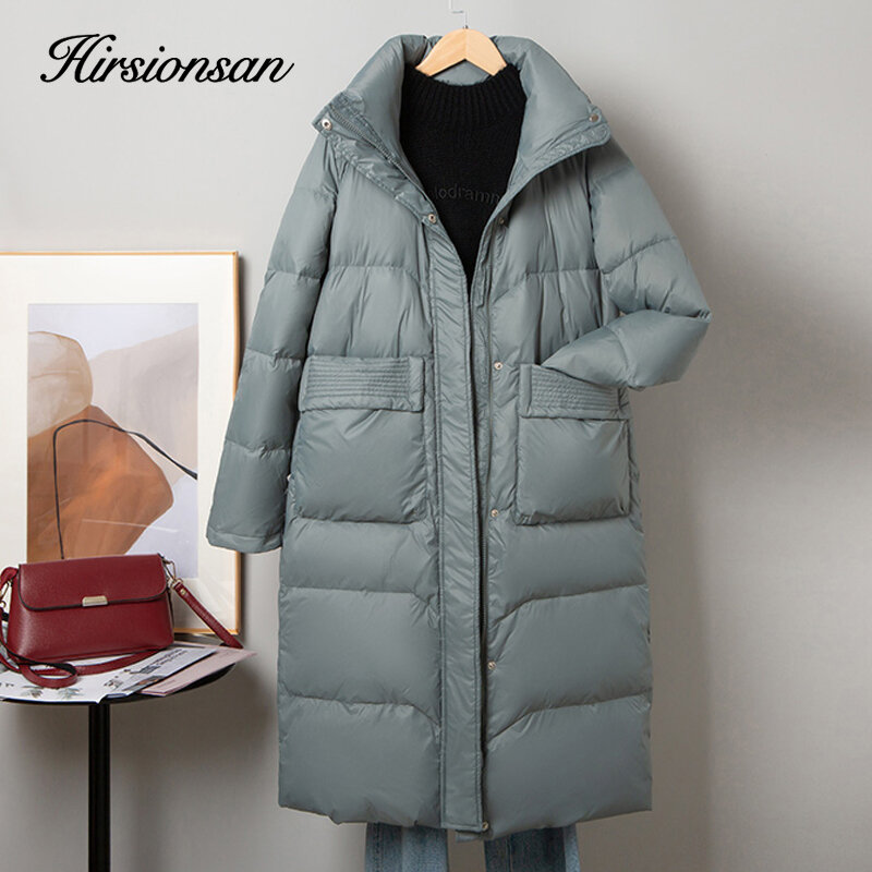 Hirsionsan-Chaqueta larga de plumón de pato para mujer, Parkas gruesas y ligeras de manga larga, abrigo holgado informal, 90%