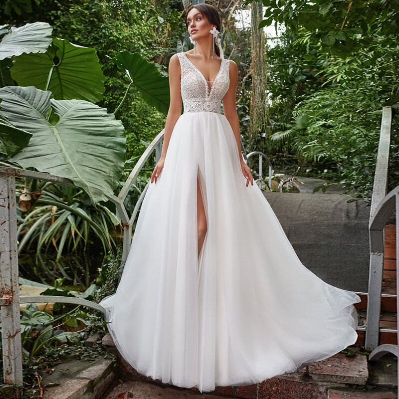 Love Dress Summer Beach High Slit Wedding Dresses V-Neck Open Back Lace Tulle A-Line Bridal Gown Backless Elegant White/Ivory