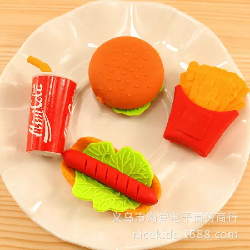 1 Buah Burger Makanan Cepat Saji Kreatif Penghapus Chip Anjing Penghapus Pelajar Perlengkapan Alat Tulis Grosir
