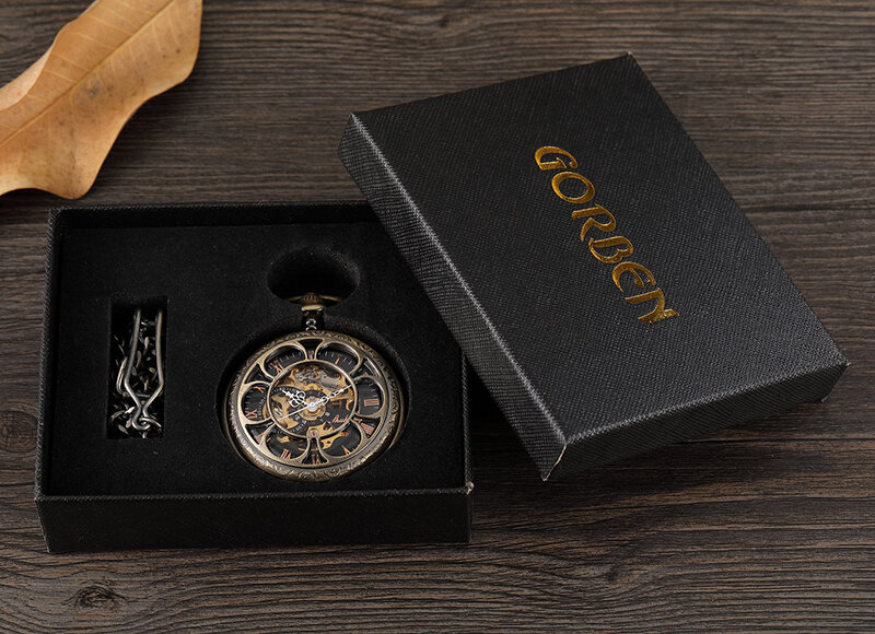 Bronze relógio de bolso mecânico com Fob Chain, Bronze, mecânica, mão, vento, Roman Numeral Dial, esqueleto, relógio, caixa de presente