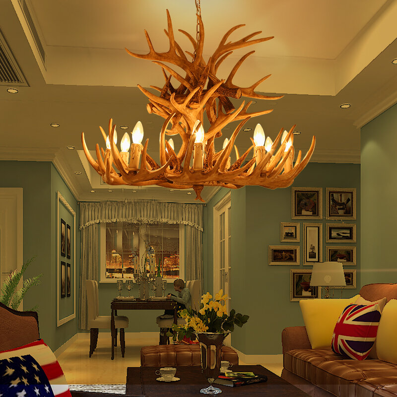 Lámpara colgante de cuernos para sala de estar, lámpara colgante de resina con forma de ciervo, estilo Country americano, Industrial, para Loft